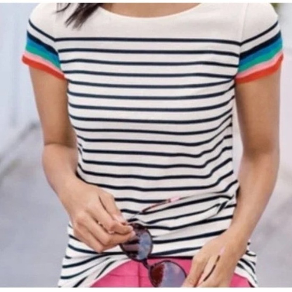 Boden Breton Striped Tee Rainbow Cuffed Short Sleeve Cotton Top‎ SZ US 4 Coastal